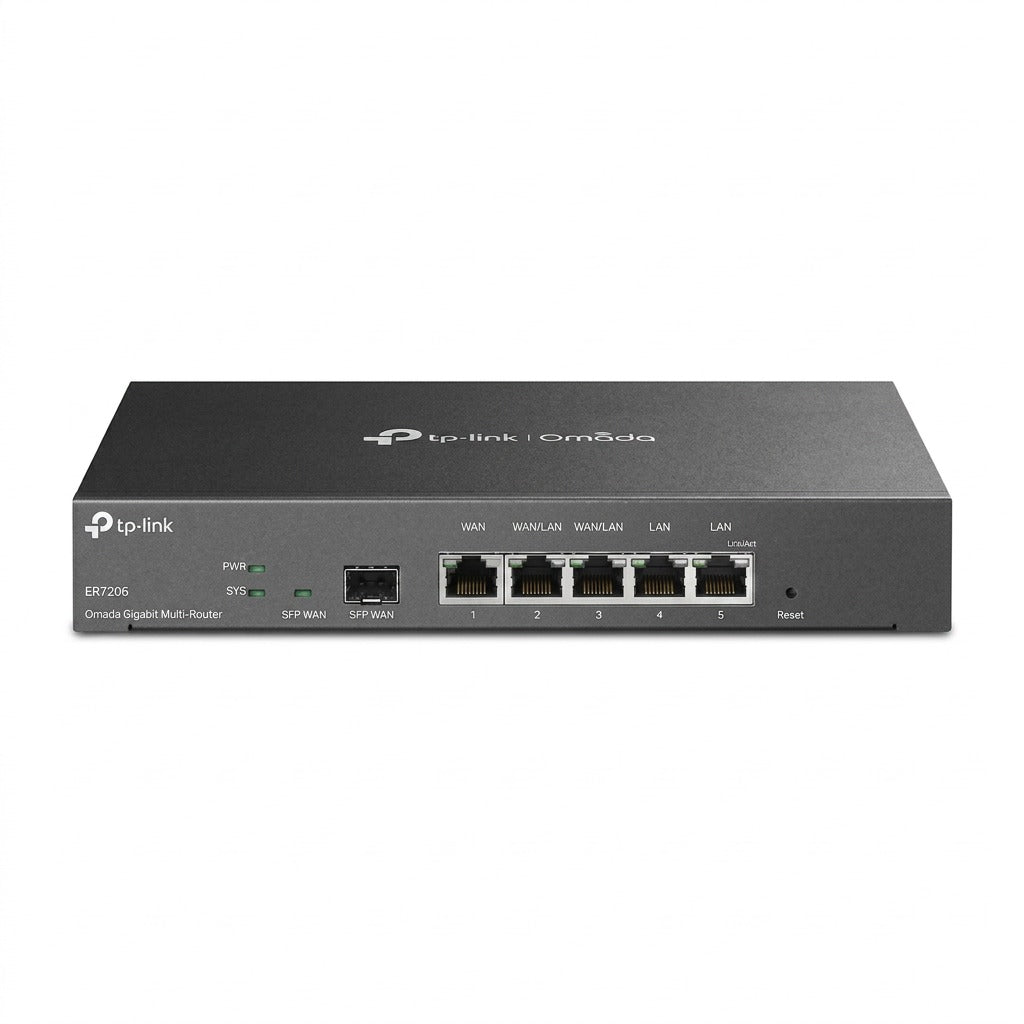 Front view of the TP-Link Omada ER7206 Gigabit Multi-WAN VPN Router with Ethernet and SFP ports.