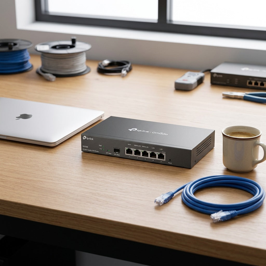 TP-Link Omada ER7206 Gigabit VPN router on a desk next to a laptop, coffee mug, and Ethernet cable.