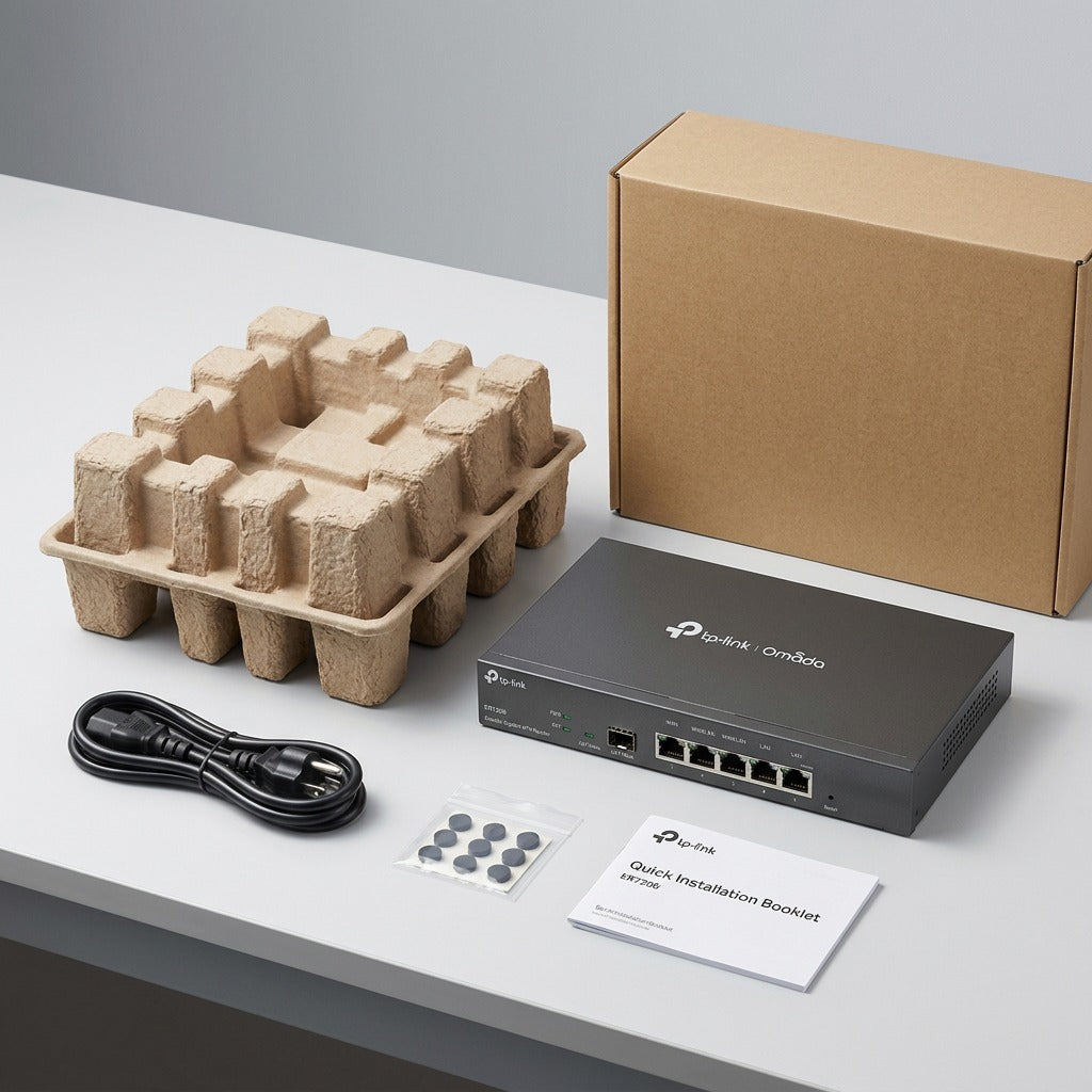 TP-Link Omada ER7206 VPN router unboxed with box, molded insert, power cord, and manual.