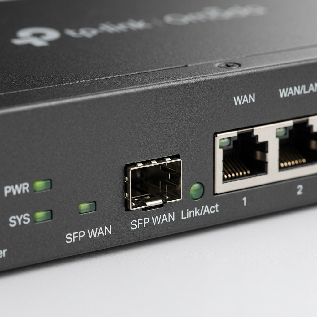 Close-up of the TP-Link ER7206 Omada router front panel showing SFP WAN and RJ45 ports with LED lights.