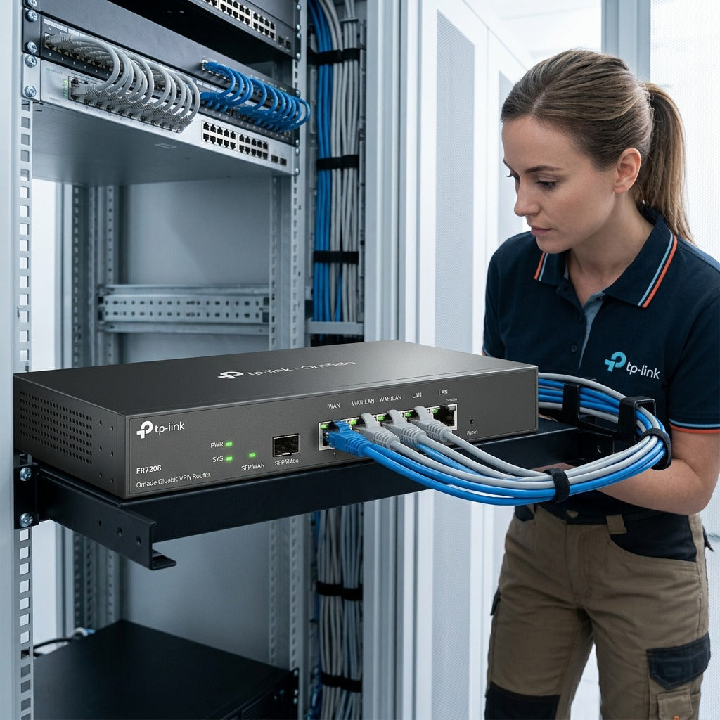 IT technician inspecting a TP-Link ER7206 Omada Gigabit VPN router installed in a server rack.