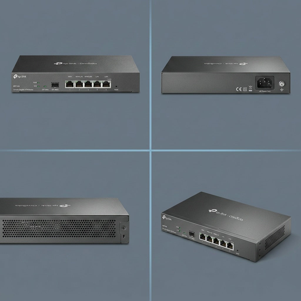 Four-angle grid of the TP-Link ER7206 Omada Gigabit VPN Router showing front ports, rear, and side.