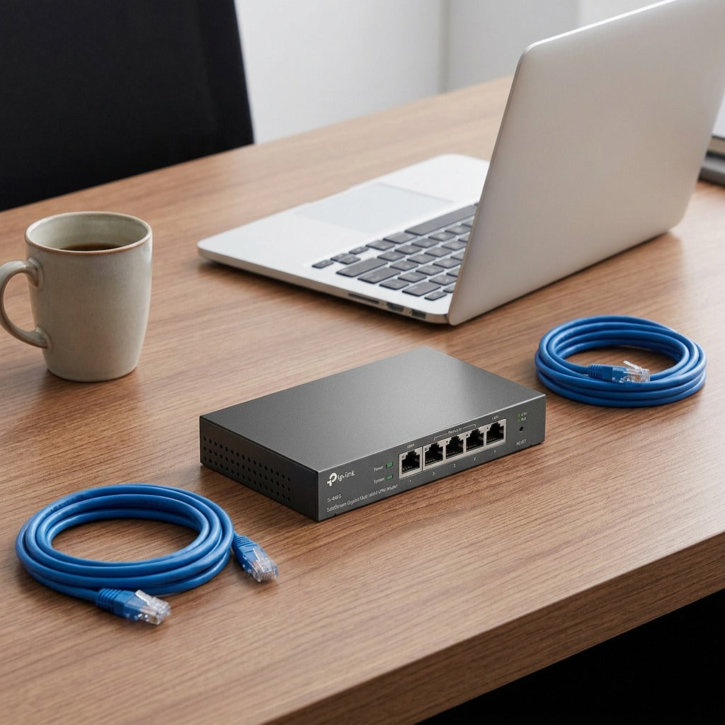 Compact TP-Link Omada ER605 Gigabit VPN router on a wooden desk next to a laptop and blue Ethernet cables.