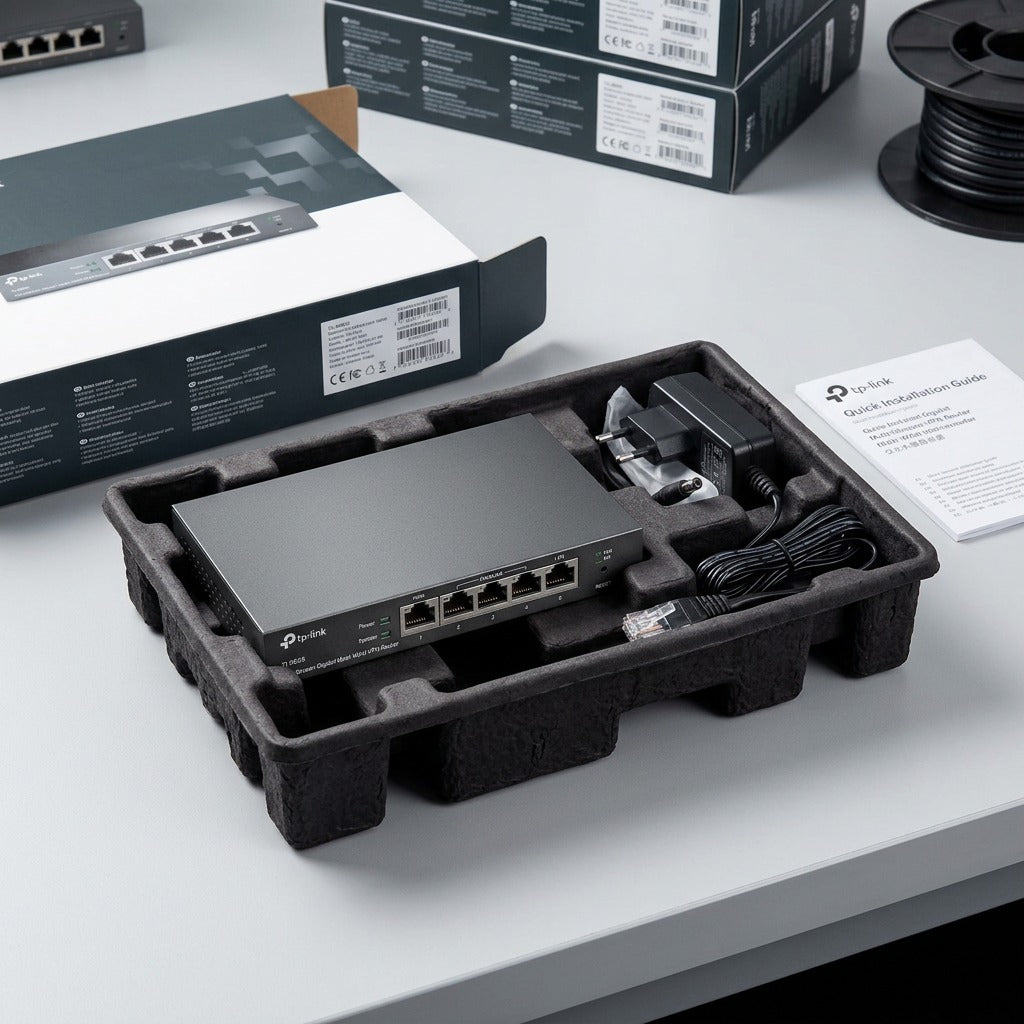 TP-Link Omada ER605 VPN router unboxed in molded packaging with power adapter and Ethernet cable.