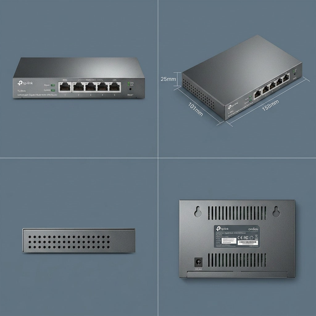 Multi-angle view of the compact TP-Link Omada ER605 Gigabit VPN router showing ports and dimensions.