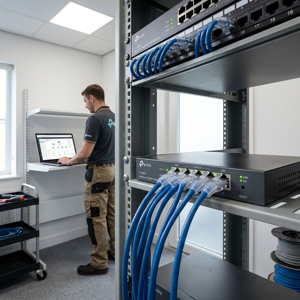TP-Link Omada ER605 Gigabit VPN router connected with blue ethernet cables on an IT server rack.
