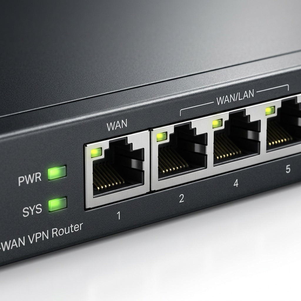 Macro close-up of TP-Link Omada ER605 router showing RJ45 Ethernet ports and green LED status lights.