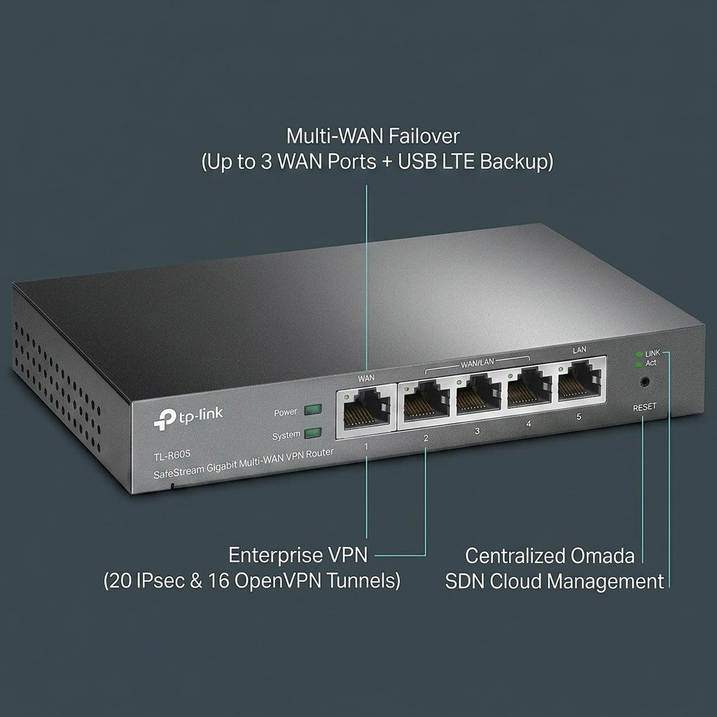 TP-Link SafeStream Multi-WAN VPN router with feature callouts for Multi-WAN, VPN, and Omada SDN.