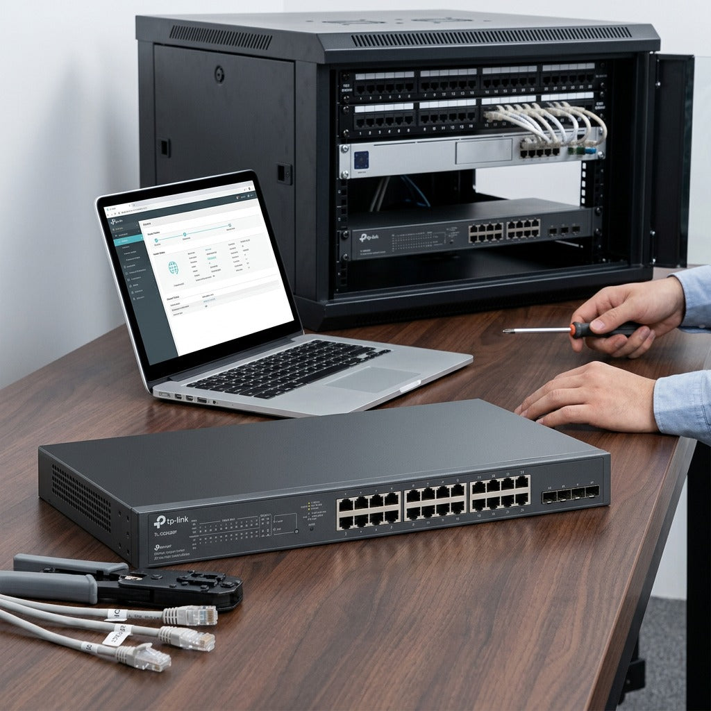 TP-Link TL-SG2428P 28-Port Smart Switch on an IT workbench next to a laptop and server rack.