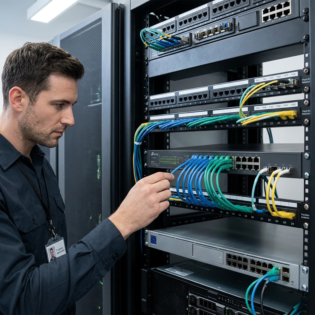 Technician inspecting patch cables on a TP-Link 28-port smart switch in a network server rack.