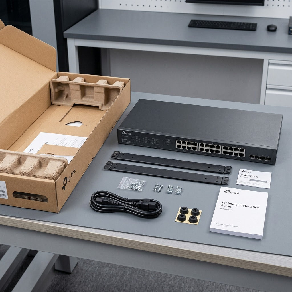 TP-Link TL-SG2428P Gigabit Smart Switch unboxed with rackmount kit, power cord, and manual.