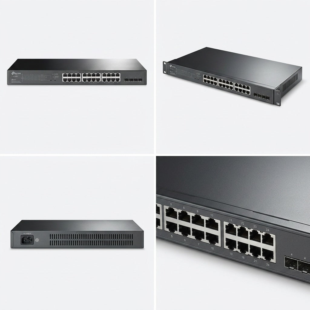 Multiple views of the TP-Link TL-SG2428P 28-port Gigabit smart switch showing front, rear, and ports.