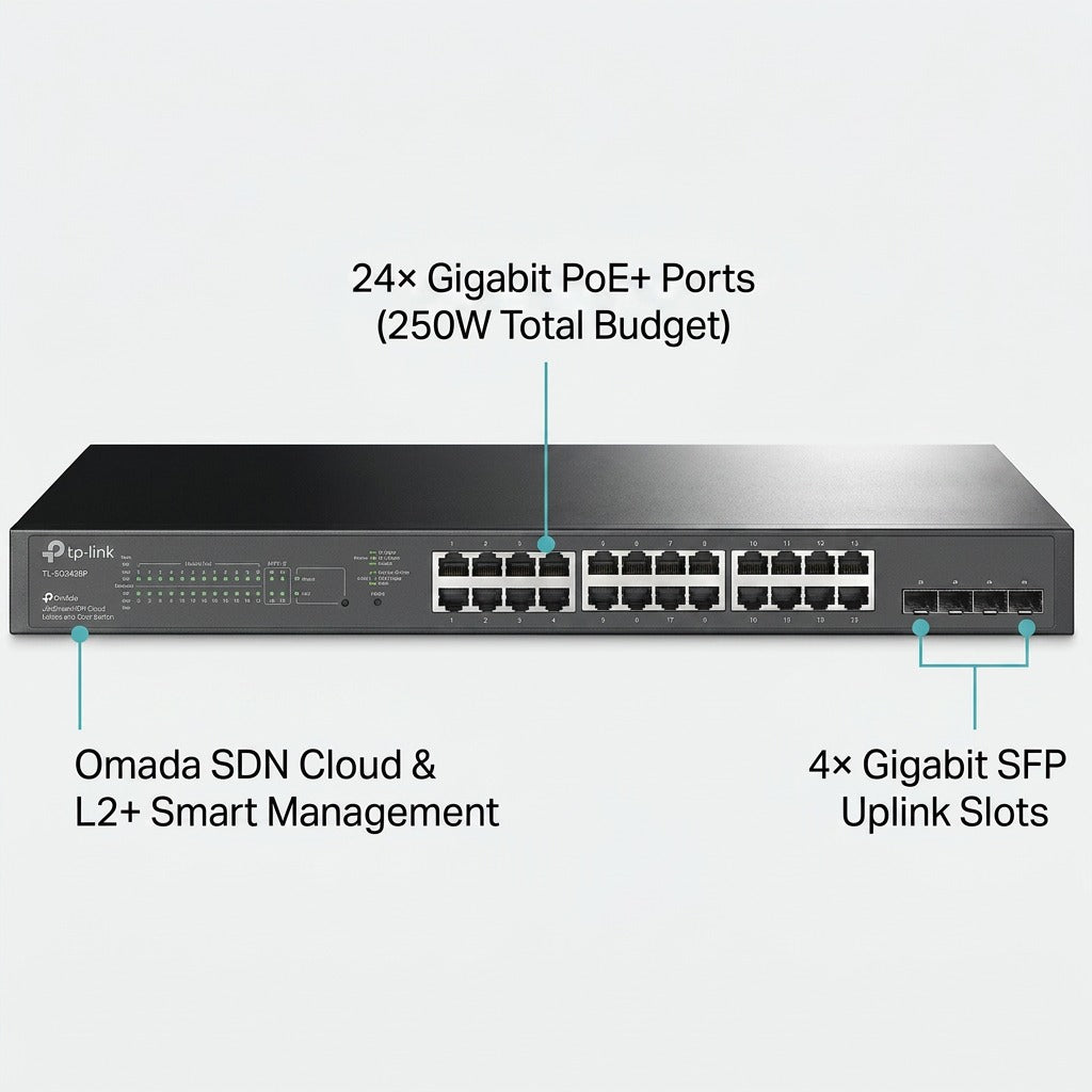 TP-Link JetStream 28-Port Smart Switch highlighting 24 PoE+ ports, 4 SFP slots, and Omada SDN.