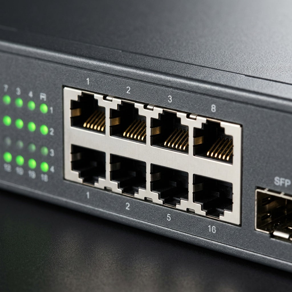 Close-up of RJ45 Ethernet ports, green LED status lights, and SFP slot on TP-Link smart switch
