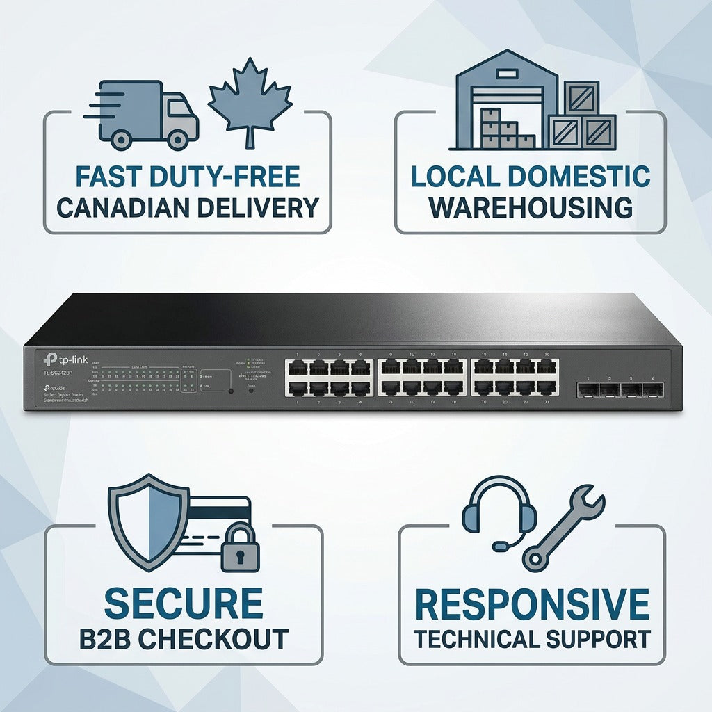 TP-Link TL-SG2428P Gigabit Smart Switch with Canadian delivery and B2B support benefit callouts.