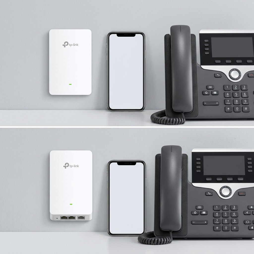 TP-Link EAP615-Wall access point mounted on a wall beside a smartphone and desk phone for scale.