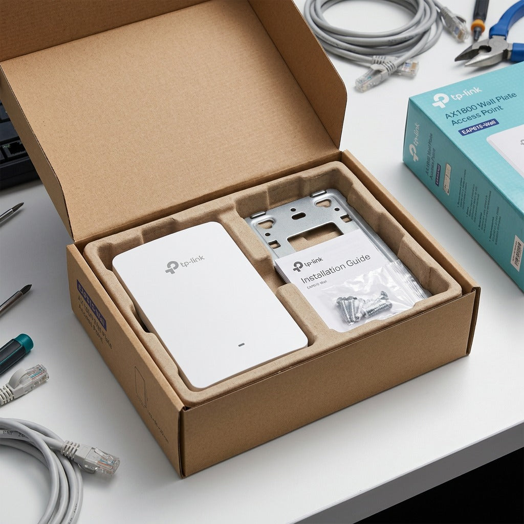 Open package of TP-Link AX1800 EAP615-Wall access point with mounting bracket, screws, and manual.