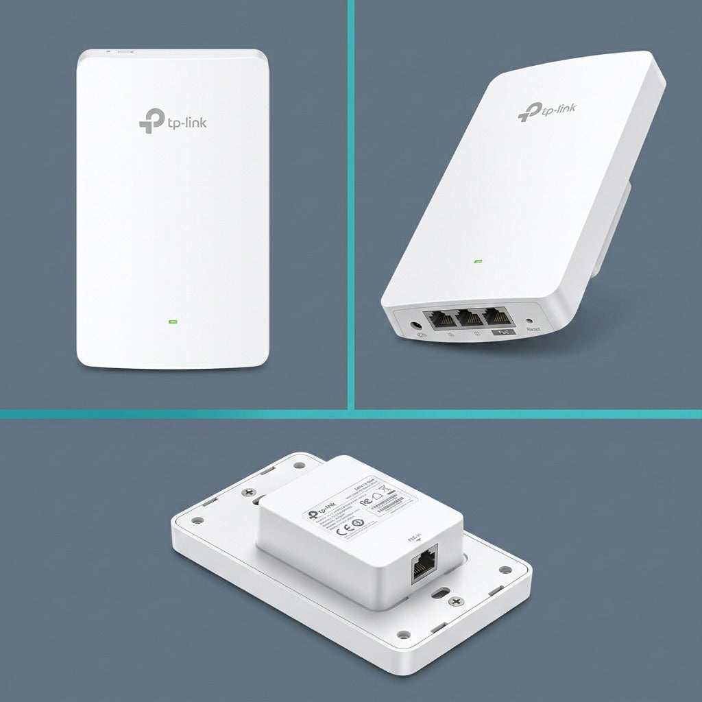 Front, bottom port, and rear mounting views of the TP-Link EAP615-Wall WiFi 6 access point.