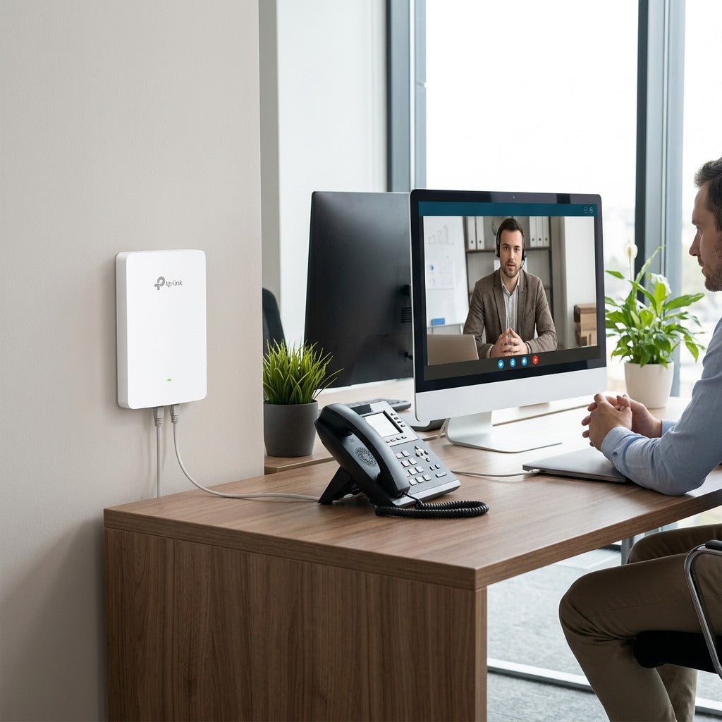 TP-Link AX1800 Wall Plate WiFi 6 Access Point mounted in an office next to a workstation.