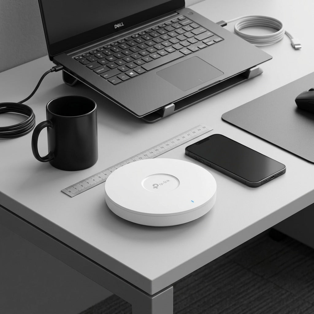 TP-Link Omada EAP653 Wi-Fi 6 access point on a desk beside a smartphone, ruler, mug, and laptop.