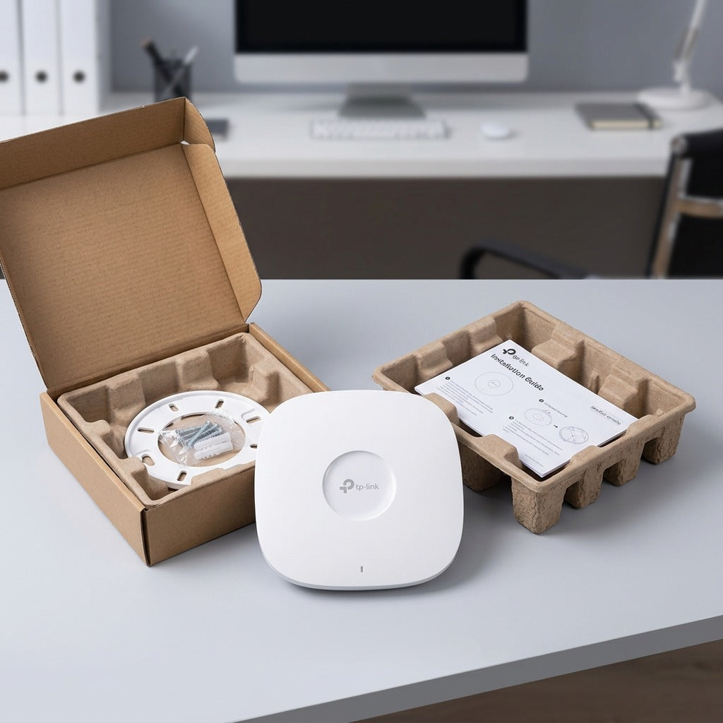 TP-Link Omada EAP653 Wi-Fi 6 access point unboxed with mounting bracket, screws, guide, and packaging