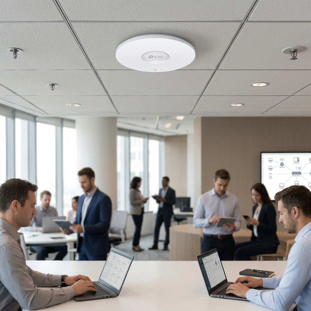 TP-Link Omada Wi-Fi 6 access point mounted on the ceiling of a busy modern corporate office.