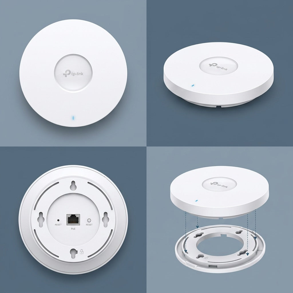 Four-panel view of the TP-Link EAP653 access point showing front, side, back ports, and mount bracket.