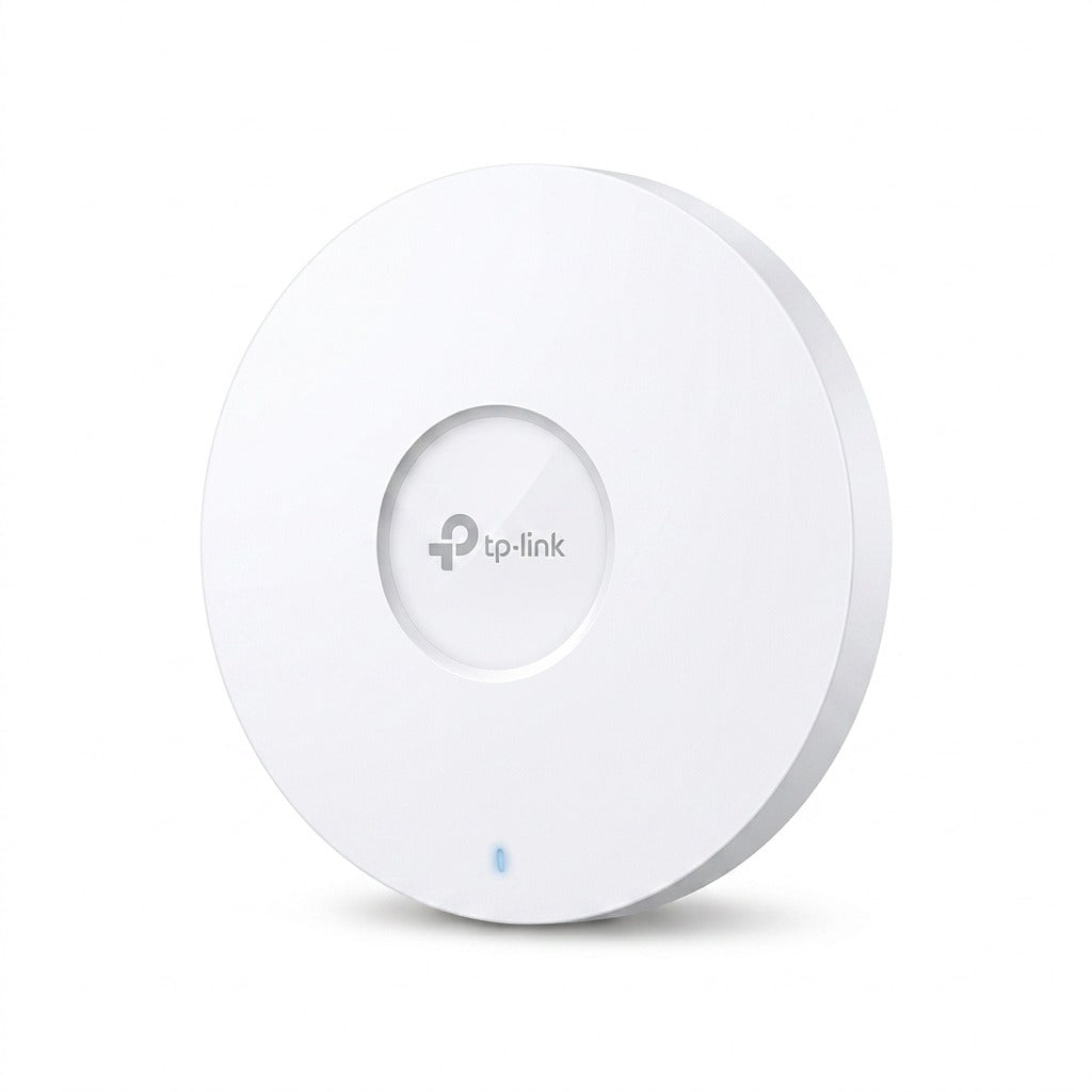 TP-Link EAP650 Omada AX3000 ceiling mount WiFi 6 access point in matte white with status LED.