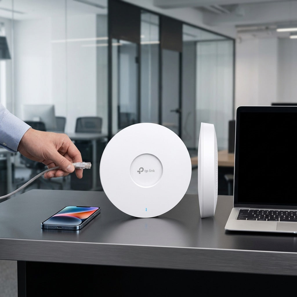 TP-Link EAP650 WiFi 6 access point on an office desk beside a smartphone and laptop for size scale.