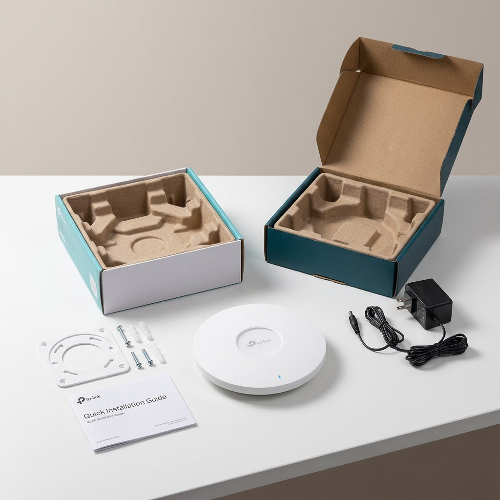 Unboxing of the TP-Link EAP650 WiFi 6 access point with mounting bracket, adapter, and packaging.