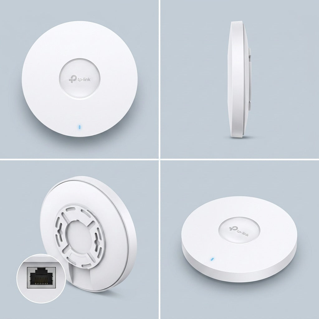 TP-Link EAP650 access point shown in four angles: front, side profile, rear mount, and perspective.