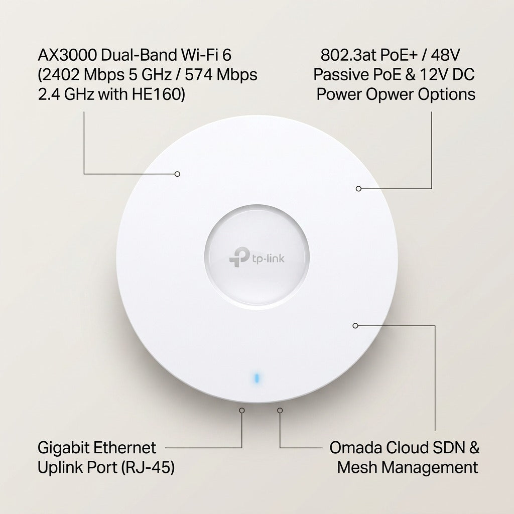 TP-Link EAP650 WiFi 6 Access Point feature callouts showing AX3000 speeds, PoE, and Omada SDN.