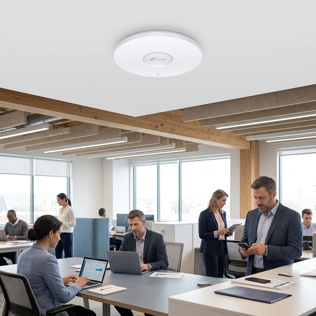 TP-Link EAP650 WiFi 6 access point mounted on the ceiling of a busy, modern open-plan office.