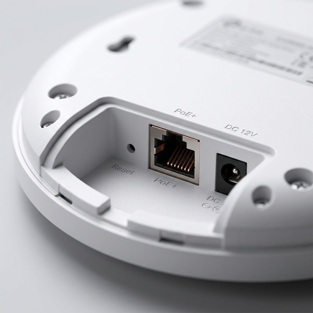 Close-up of the TP-Link EAP650 WiFi 6 access point showing the PoE+ Ethernet port and DC power jack.