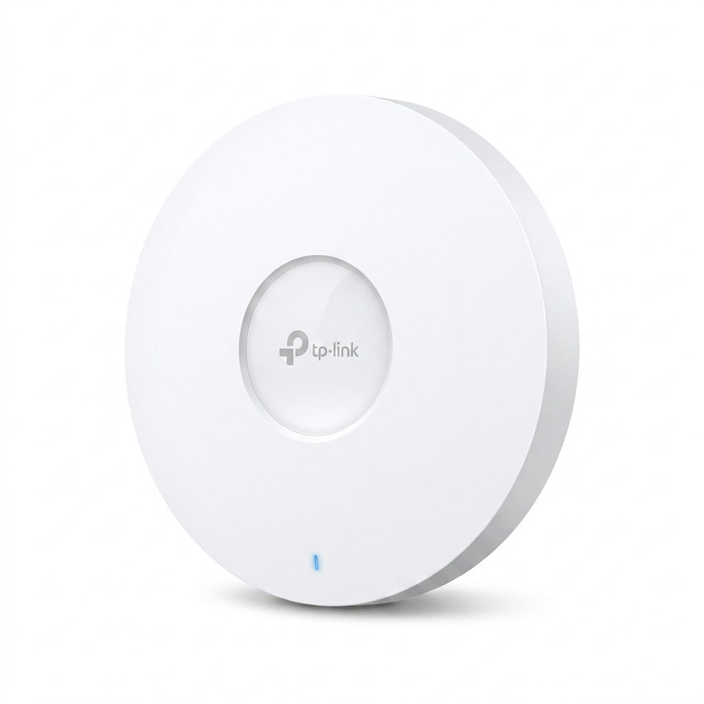 TP-Link EAP670 circular white ceiling mount Wi-Fi 6 access point on a plain white background