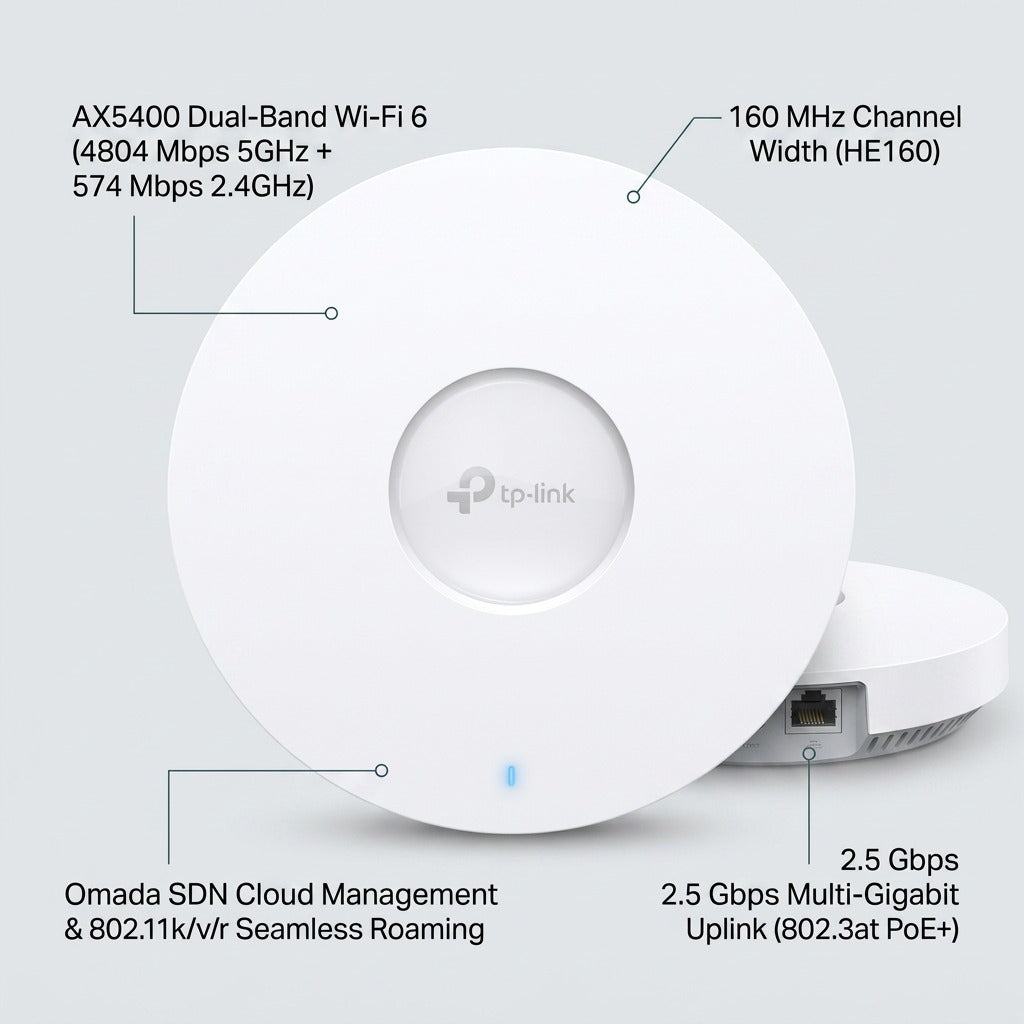 TP-Link AX5400 ceiling mount Wi-Fi 6 access point showing key features and 2.5 Gbps PoE+ port.
