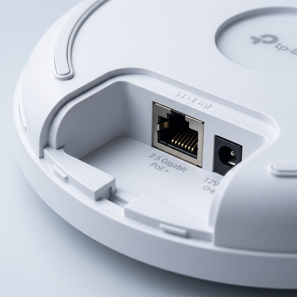 Close-up of the 2.5 Gigabit PoE+ Ethernet port and 12V DC jack on the TP-Link EAP670 access point.