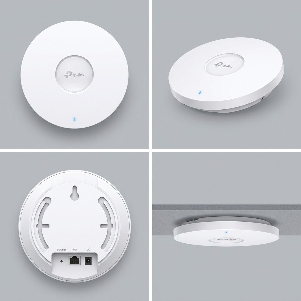 Four-angle grid of TP-Link EAP670 Wi-Fi 6 access point showing front, rear ports, and ceiling mount.