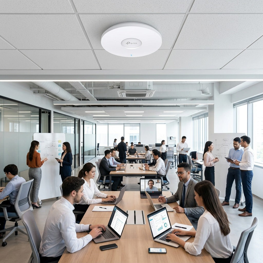 TP-Link EAP670 Wi-Fi 6 access point mounted on an office ceiling above collaborating workers