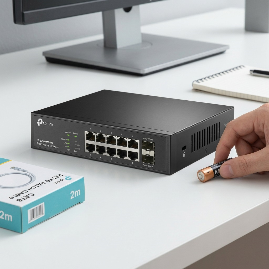 TP-Link smart switch shown on a desk alongside a computer monitor and keyboard for scale.