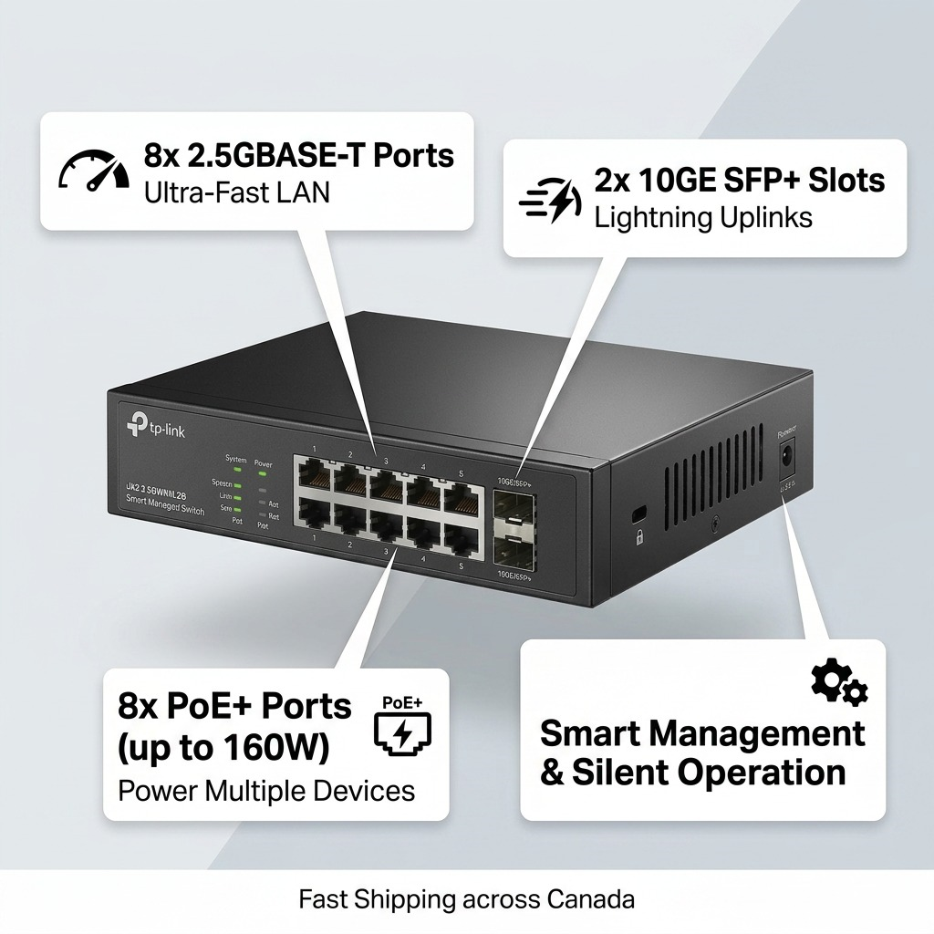Operational feature matrix for TP-Link Omada Smart Switch, highlighting ports, PoE+, and management benefits.