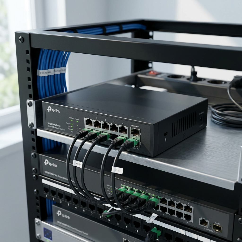 TP-Link Omada smart managed switch in a clean, professional rack setup, actively powering and connecting network devices with PoE+ cables.