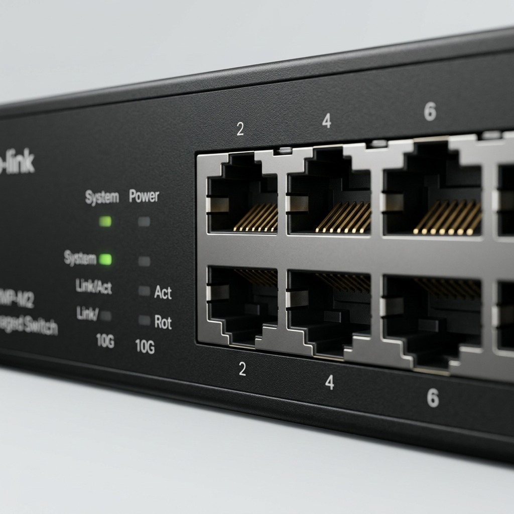 Macro close-up of gold-plated data pins in RJ45 ports and active LEDs on the TP-Link switch front panel.