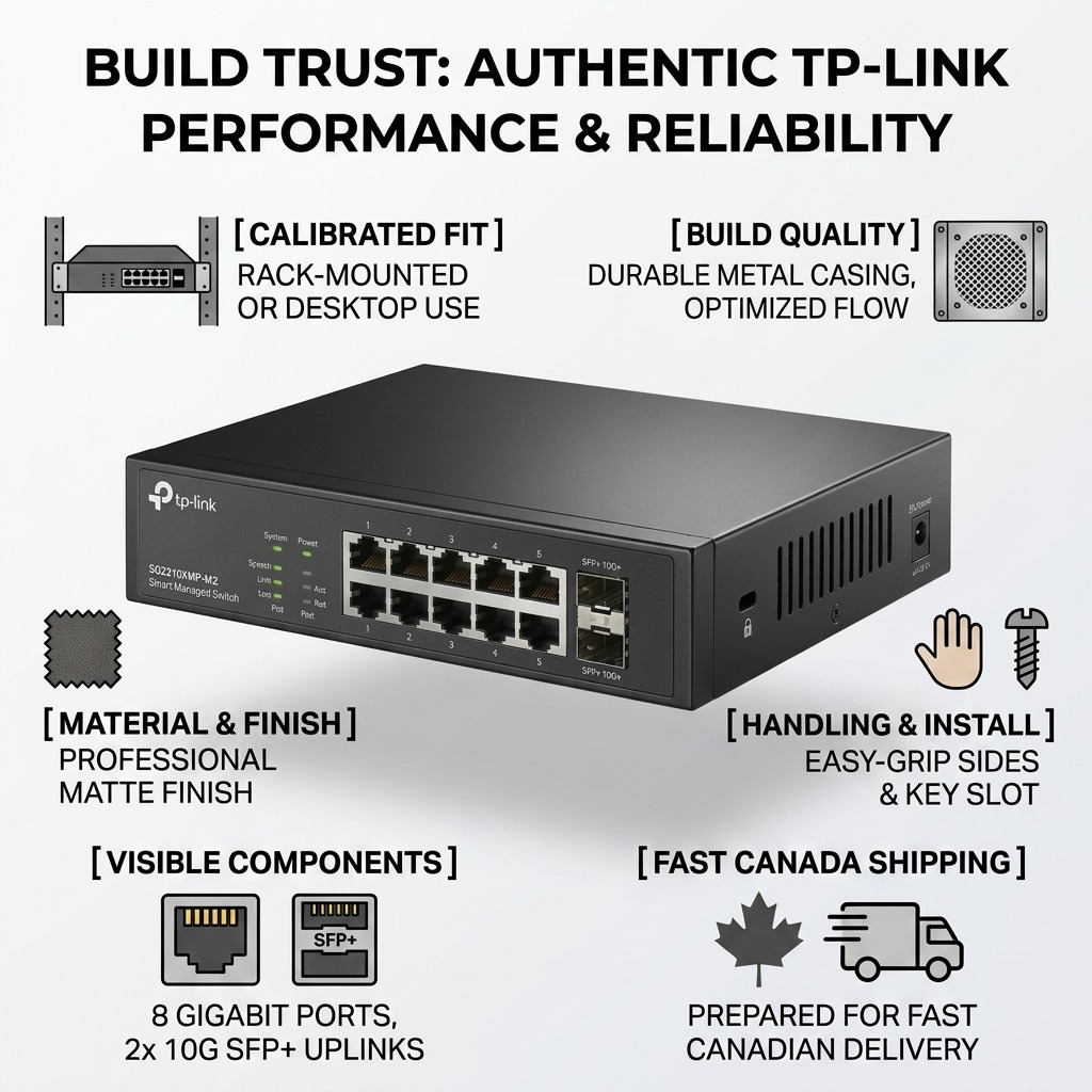 Trust and authority infographic showing a TP-Link switch with Canadian shipping and factual cues.