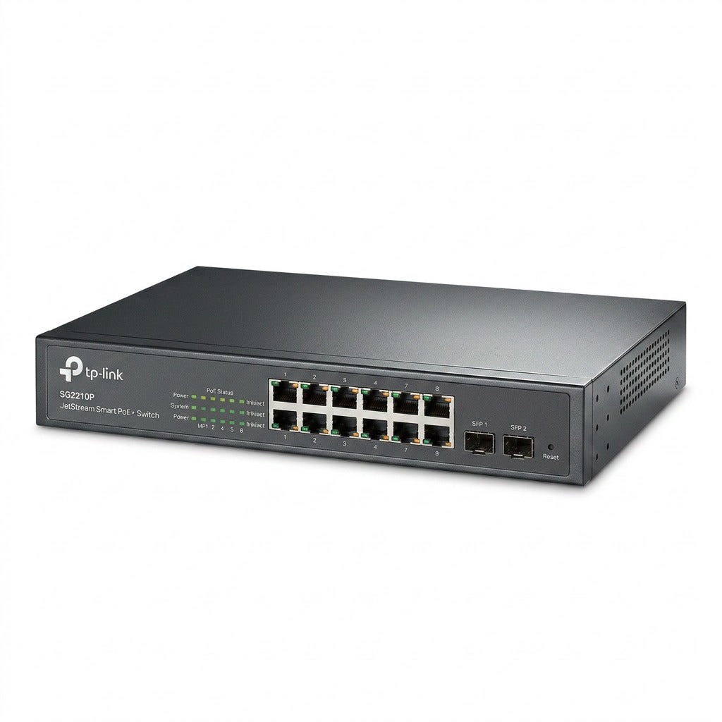 TP-Link JetStream SG2210P 8-port Gigabit Smart PoE+ switch with 2 SFP slots on a white background.