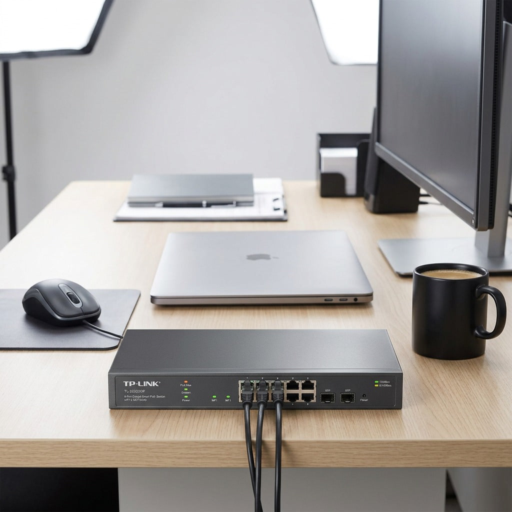 Compact TP-Link 8-port PoE+ smart switch on an office desk next to a mouse, laptop, and mug.