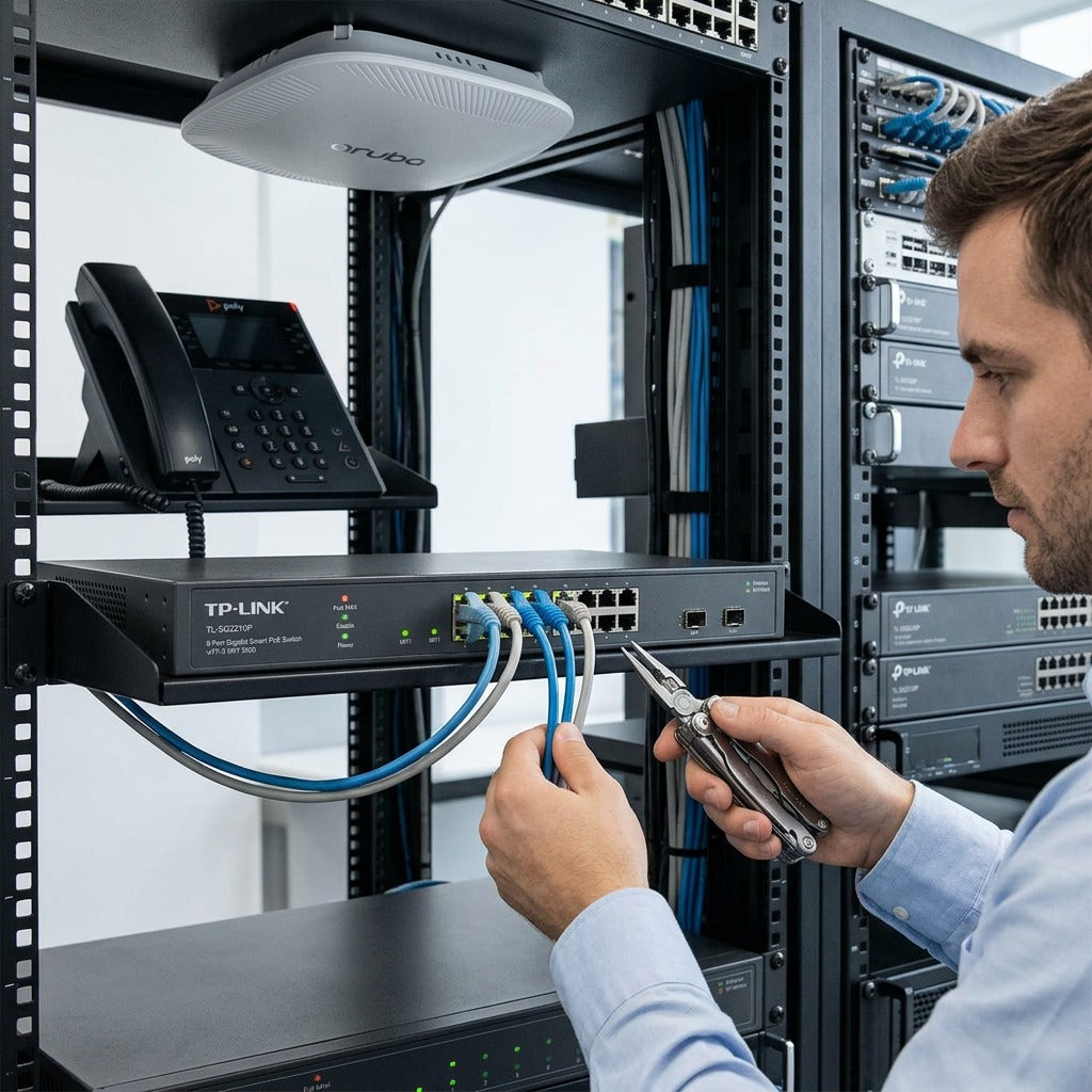 Technician installing Ethernet cables into a TP-Link 8-port Gigabit PoE+ smart switch in a server rack.