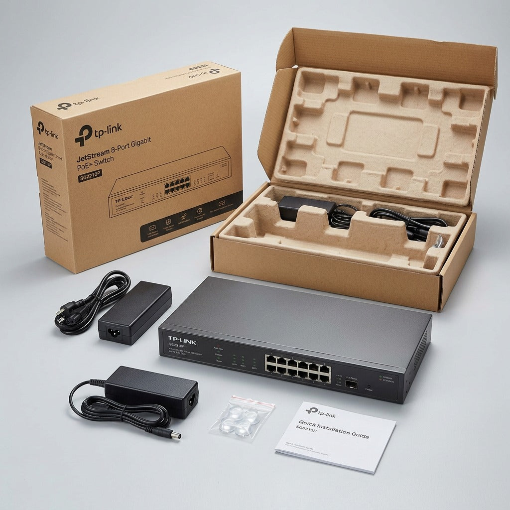 Unboxed TP-Link JetStream 8-Port Gigabit PoE+ Switch with power adapter, cables, and packaging.
