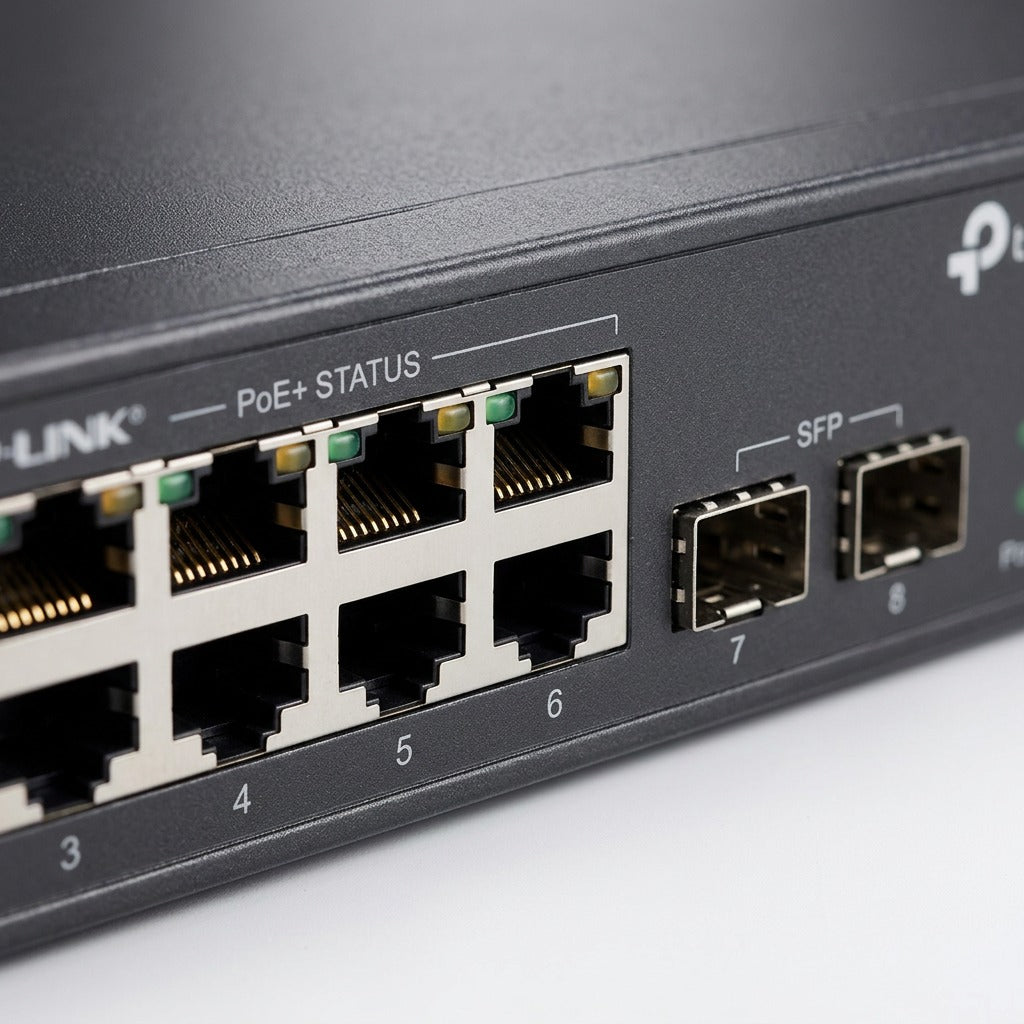 Close-up of TP-Link PoE+ switch showing RJ45 Ethernet ports with gold pins and SFP slots.