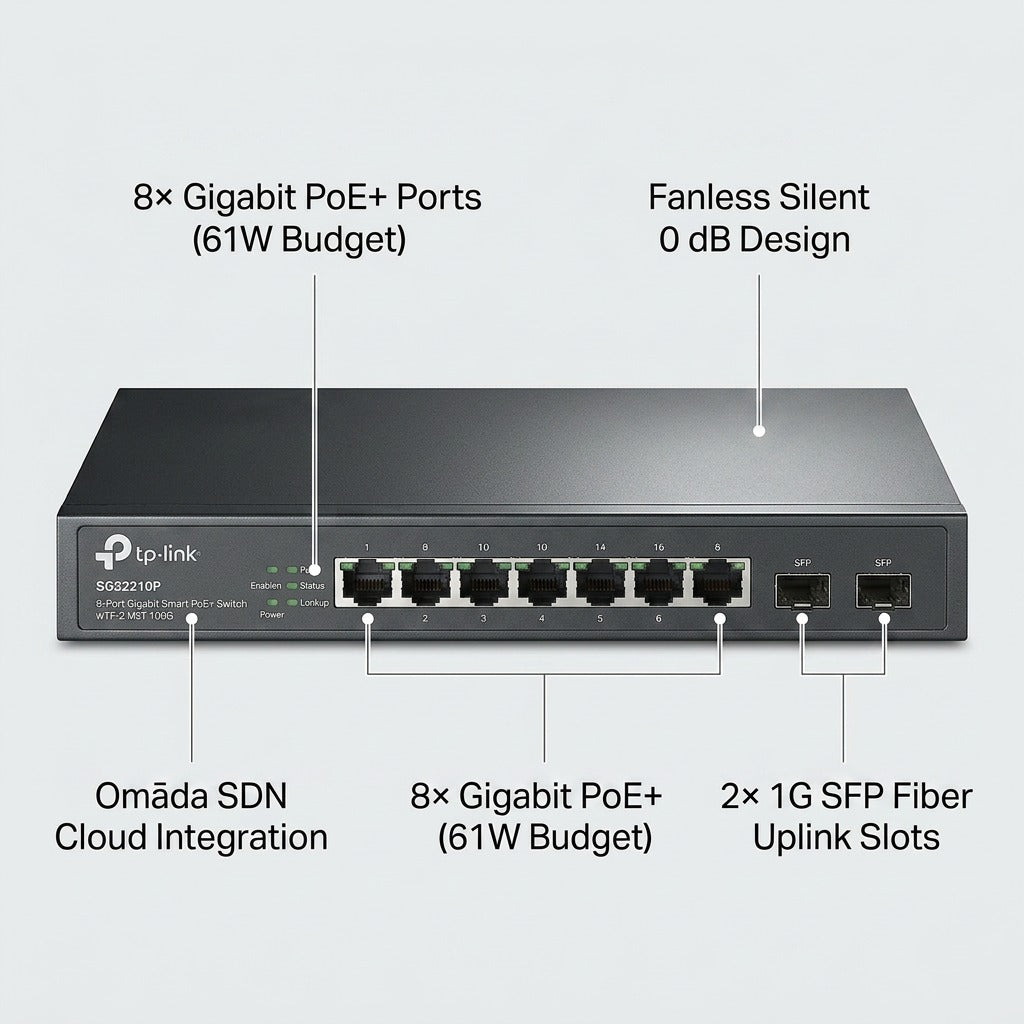 TP-Link SG2210P smart switch showing PoE ports, SFP slots, fanless build, and Omada SDN callouts.